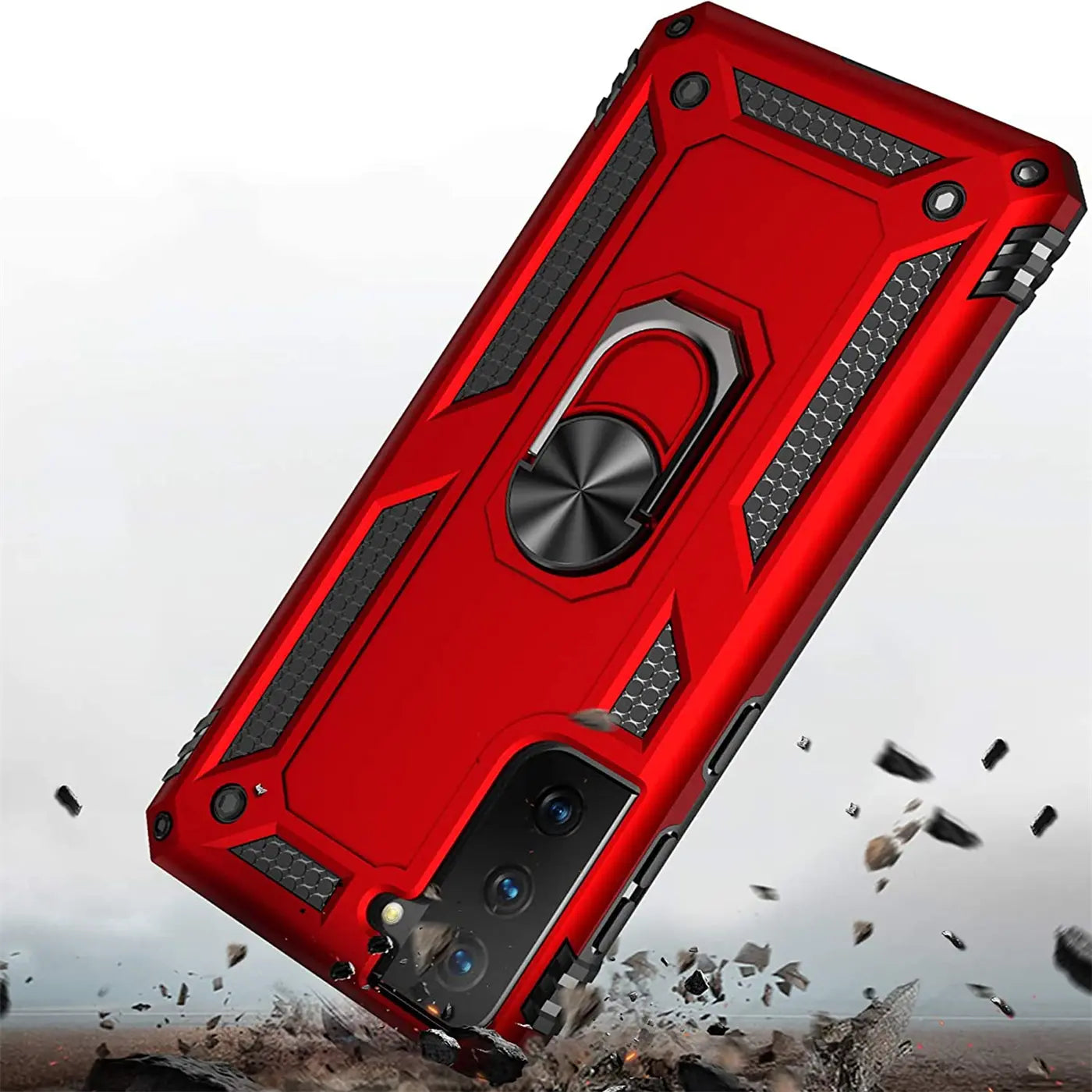 Rote Hülle mit Ringhalter für Samsung S21 FE, von schräg oben, mit Kamera.