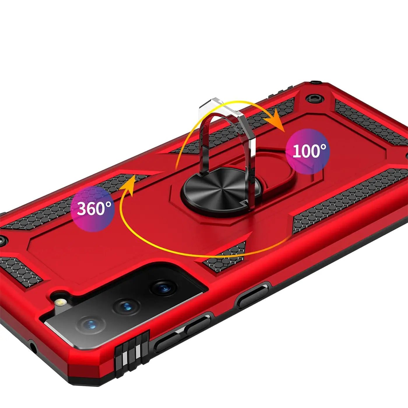 Rote Hülle mit Ringhalter für Samsung S21 FE, von schräg oben, Metall/Kunststoff.