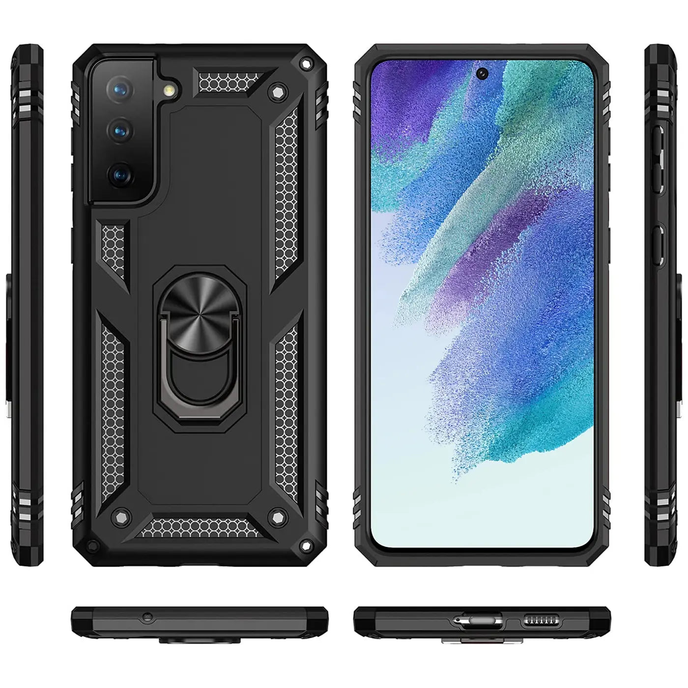 Schwarze Hülle mit Ringhalter für Samsung Galaxy S21 FE, aus Kunststoff, verschiedene Ansichten.