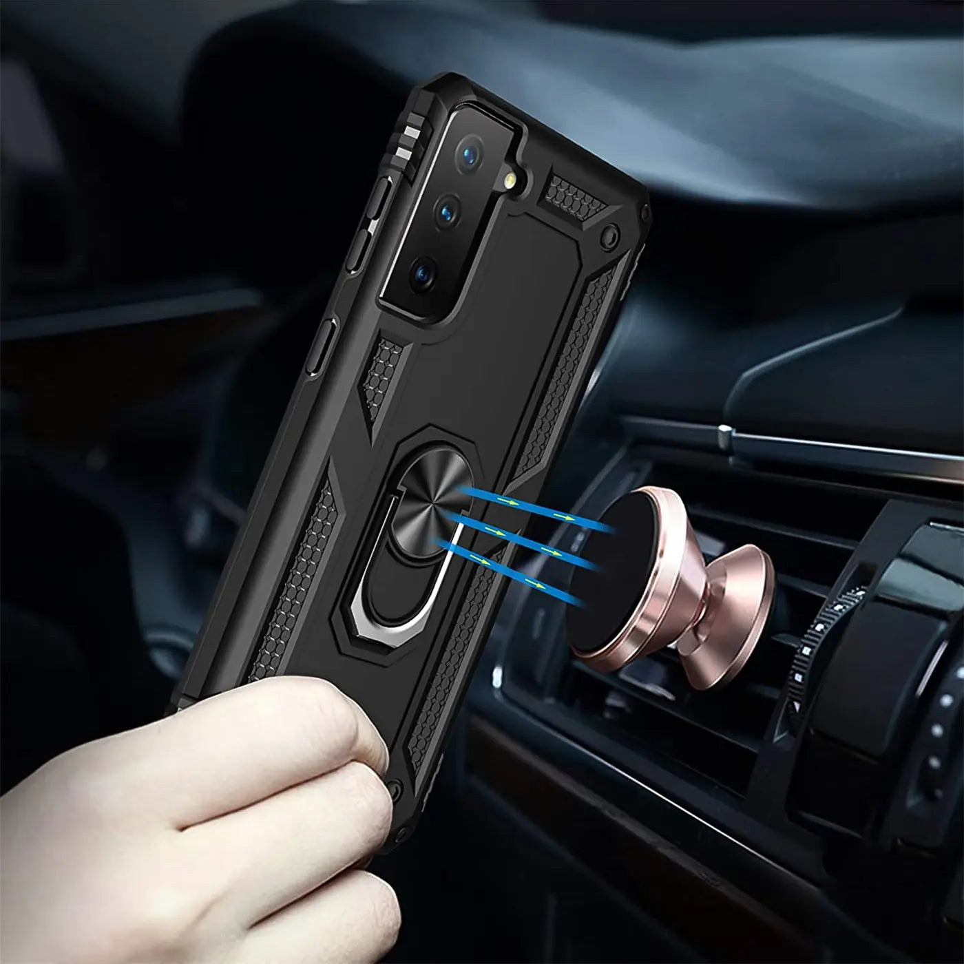 Schwarze Handyhülle mit Ringhalter, wird an Magnet gehalten, Samsung S21 FE.