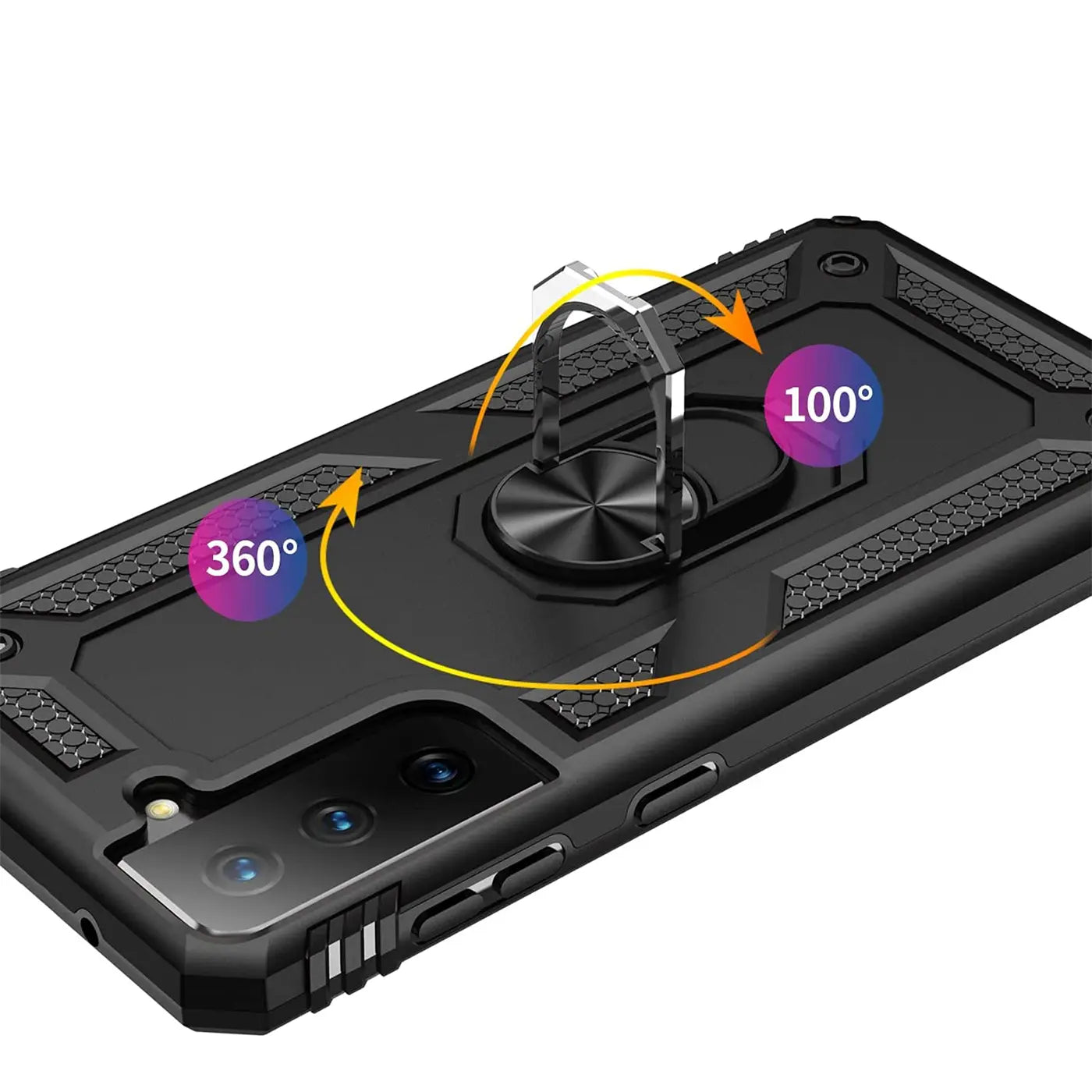 Schwarze Hülle mit Ringhalter für Samsung S21 FE, aus Kunststoff, von oben schräg fotografiert.