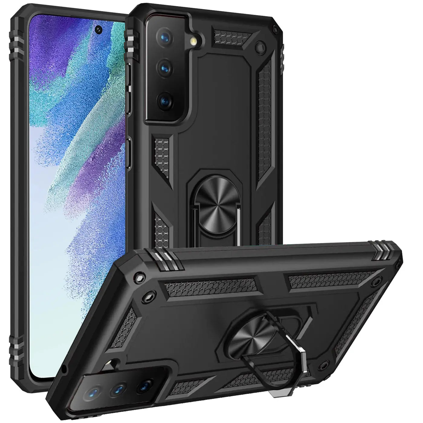 Schwarze Militärhülle aus Kunststoff mit Ringhalter für Samsung Galaxy S21, von vorne und schräg.