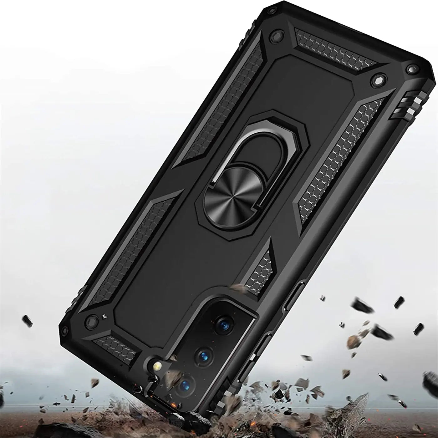 Schwarze Militärhülle mit Ringhalter für Samsung Galaxy S21, aus Kunststoff, von schräg oben