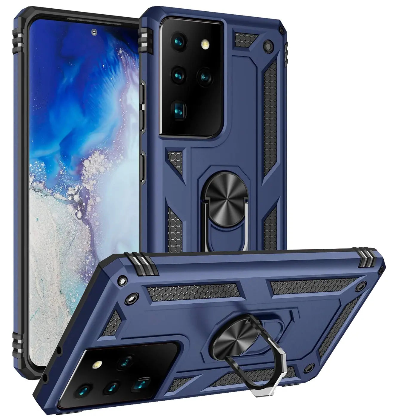 Dunkelblaue Hülle mit Ringhalter für Samsung S21 Ultra, von vorne und unten gezeigt.