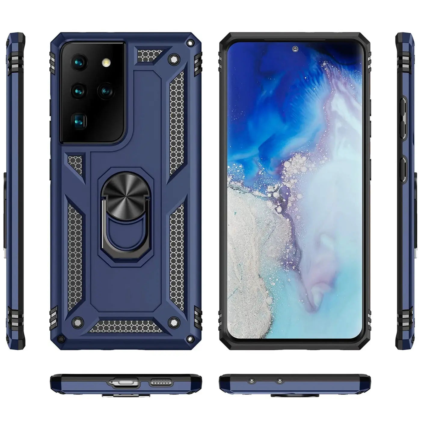 Dunkelblaue Hülle mit Ringhalter für Samsung S21 Ultra, verschiedene Ansichten.