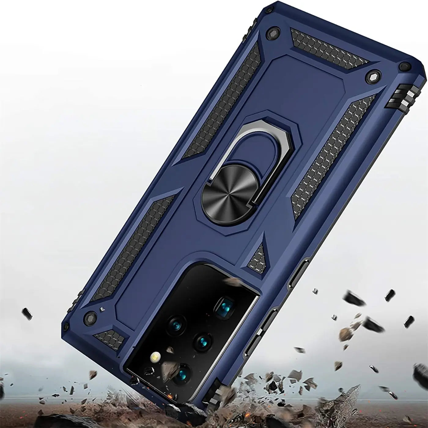 Dunkelblaue Hülle mit Ringhalter für Samsung S21 Ultra, von schräg oben