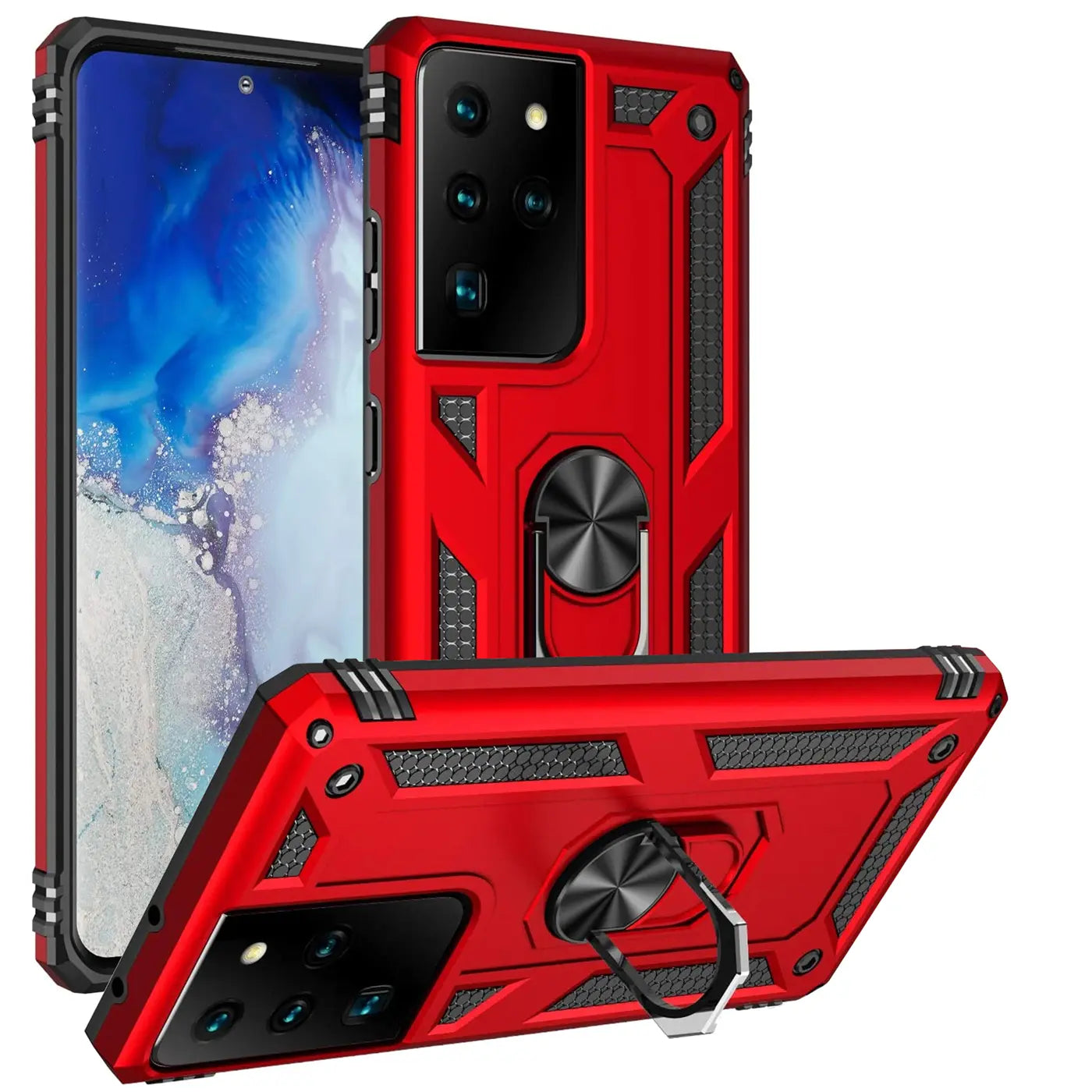 Rote Hülle mit Ringhalter für Samsung S21 Ultra, aus Kunststoff, von vorne/oben/seitlich