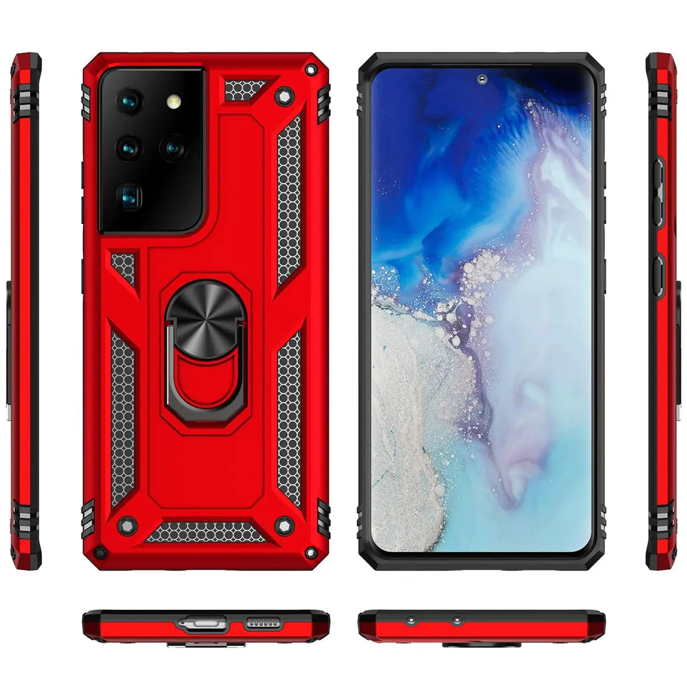 Rote Hülle mit Ringhalter für Samsung S21 Ultra, von vorne, Seite, Rückseite.