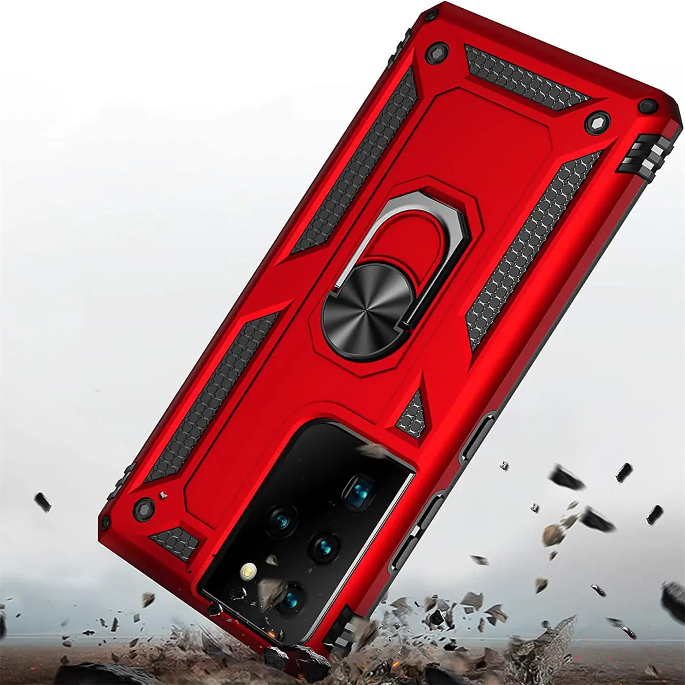 Rote Hülle mit Ringhalter für Samsung S21 Ultra, von schräg oben, Metall/Kunststoff