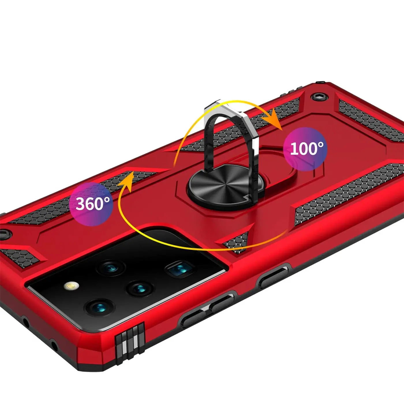 Rote Hülle mit Ringhalter für Samsung S21 Ultra, von schräg oben, Metall/Kunststoff.
