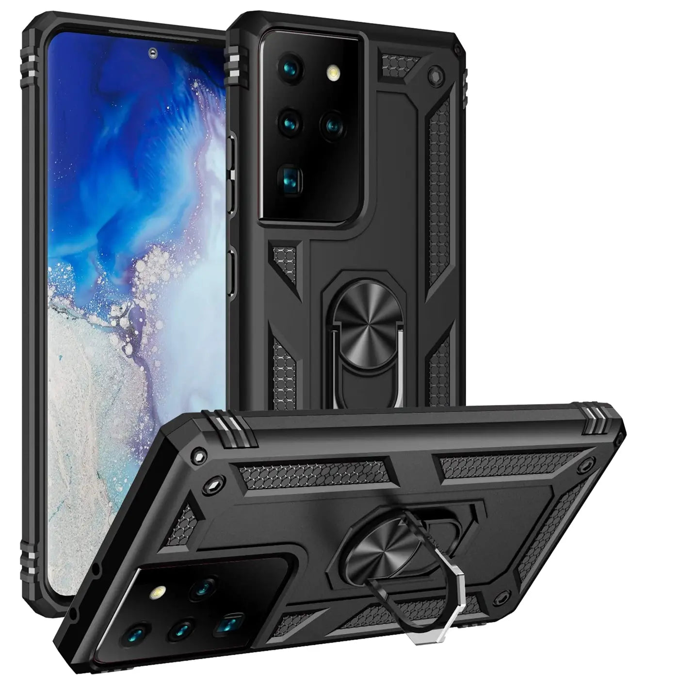 Schwarze Hülle aus Kunststoff mit Ringhalter für Samsung Galaxy S21 Ultra, von vorne und schräg