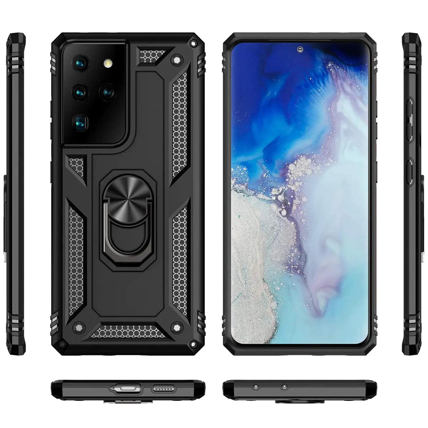 Schwarze Hülle mit Ringhalter für Samsung S21 Ultra, verschiedene Ansichten.