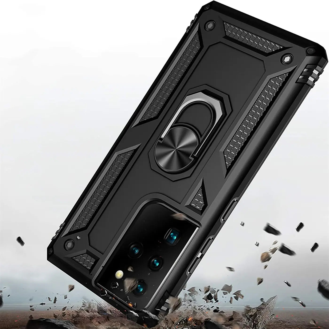 Schwarze Militärhülle mit Ringhalter für Samsung S21 Ultra, aus Kunststoff, von schräg oben