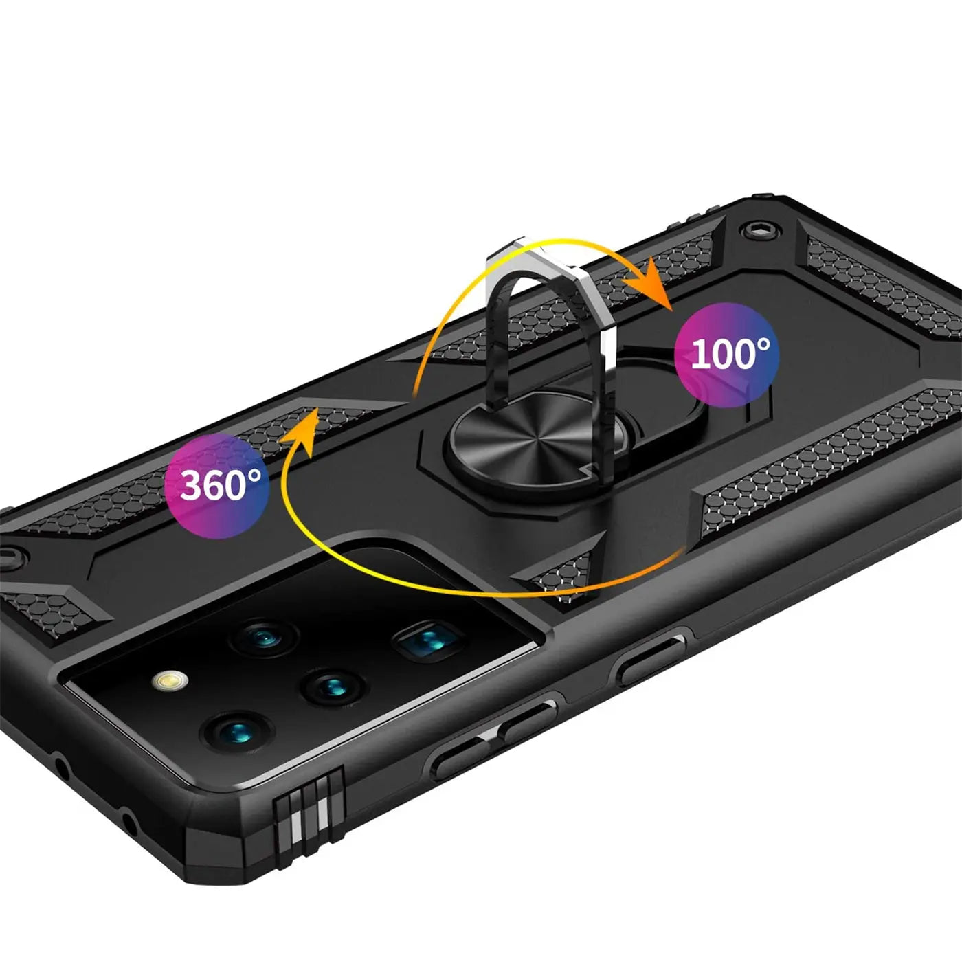 Schwarze Handyhülle aus Kunststoff mit Ringhalter, Rückansicht, Samsung Galaxy S21 Ultra.