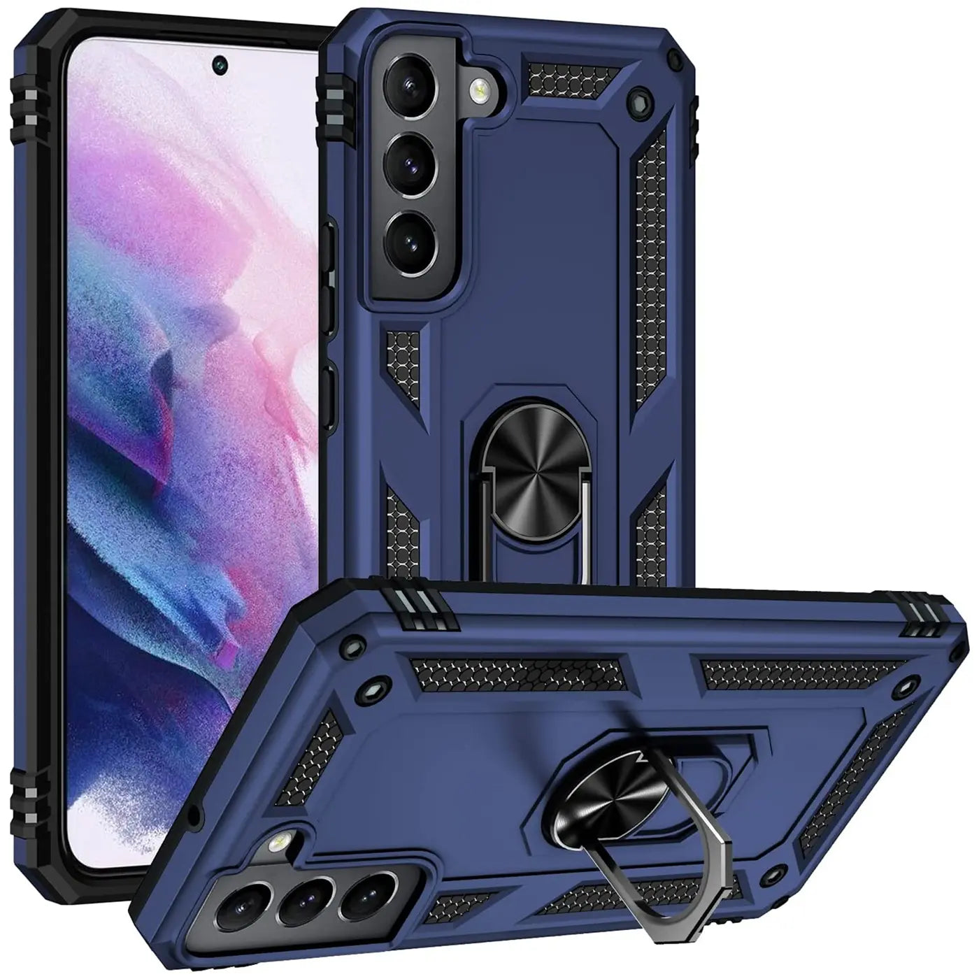 Dunkelblaue Hülle mit Ringhalter für Samsung S22, aus Kunststoff, von vorne und schräg