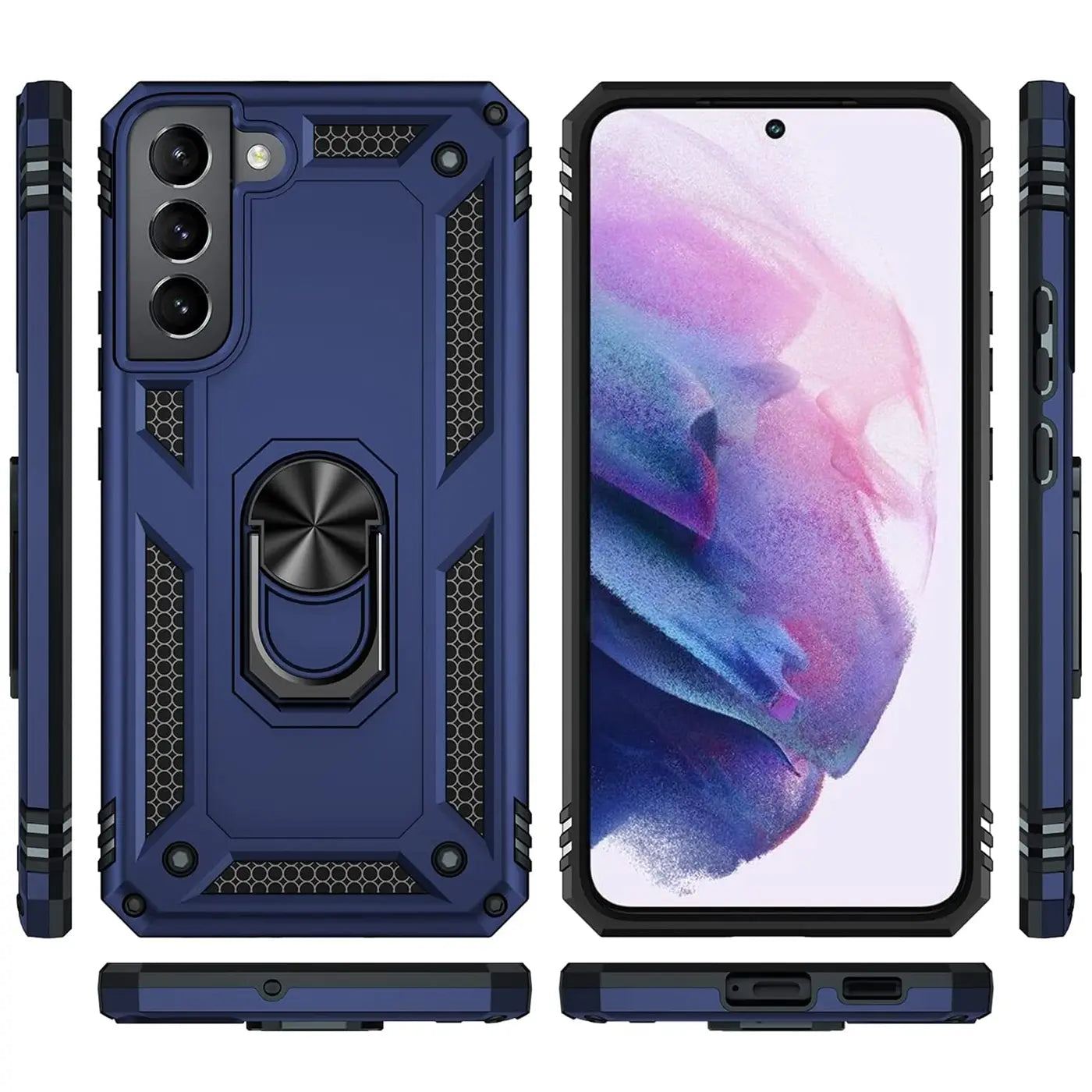 Dunkelblaue Militärhülle mit Ringhalter für Samsung Galaxy S22, verschiedene Ansichten