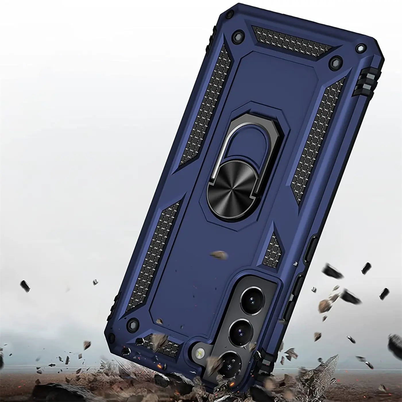 Dunkelblaue Handyhülle aus Kunststoff mit Ringhalter, Rückansicht, Samsung S22 erkennbar.