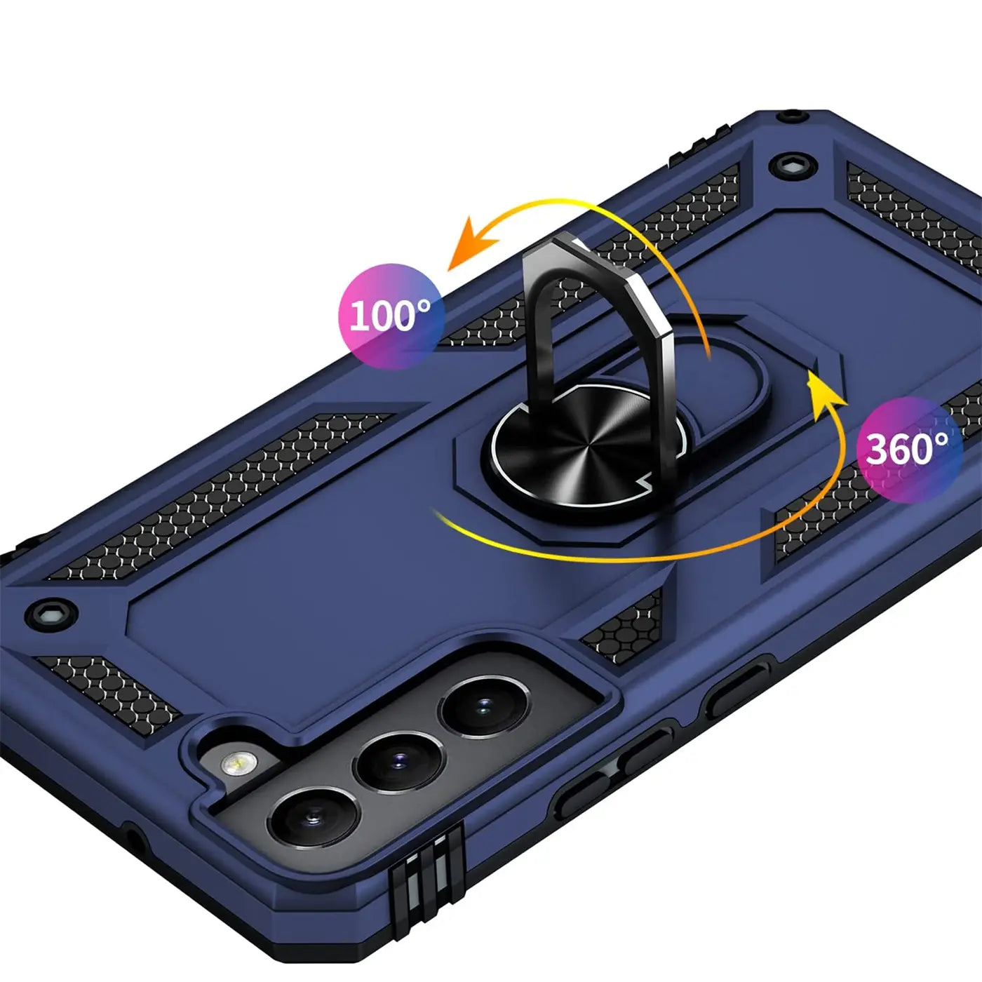 Dunkelblaue Hülle mit Ringhalter für Samsung S22, von oben schräg, mit 100°/360° Markierungen.