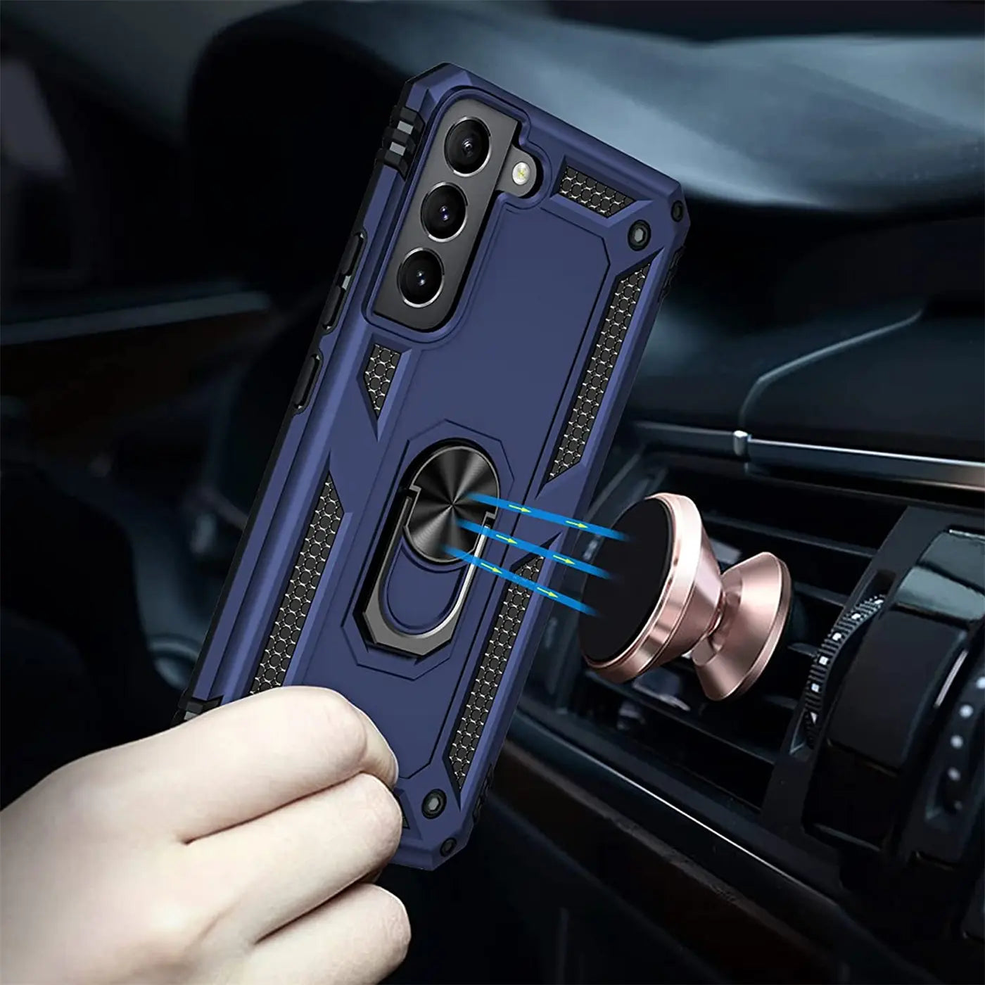 Dunkelblaue Hülle mit Ringhalter für Samsung S22 Plus, aus Kunststoff, Nahaufnahme.