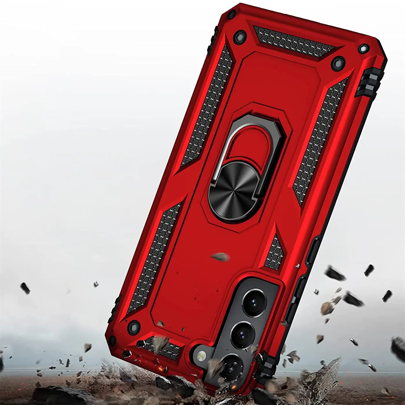 Rote Military Hülle mit Ringhalter für Samsung S22 Plus, von schräg oben gesehen.