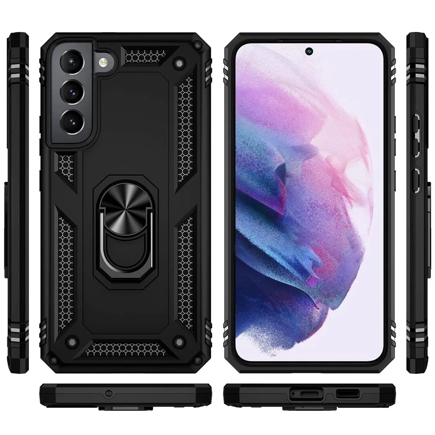 Schwarze Militärhülle mit Ringhalter für Samsung Galaxy S22 Plus, verschiedene Ansichten.