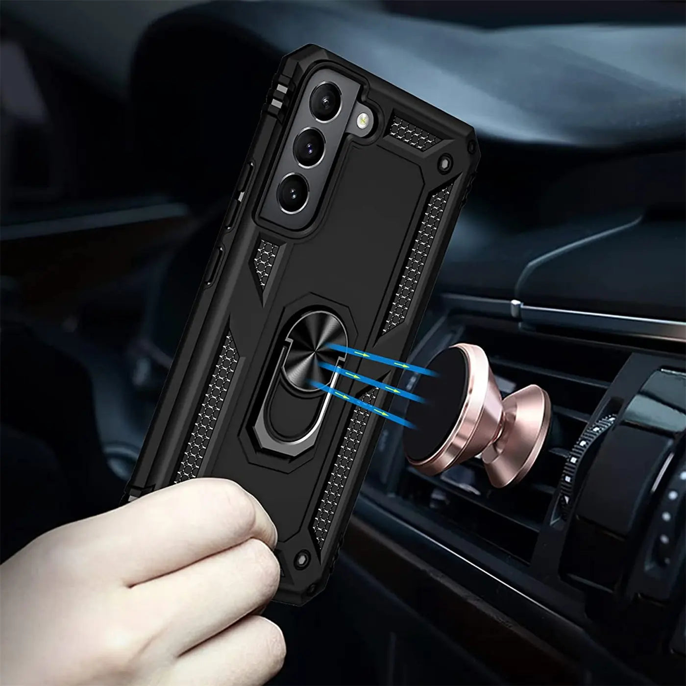 Schwarze Handyhülle mit Ringhalter, Nahaufnahme, Samsung S22 Plus, Auto-Lüftungsschlitz-Halterung