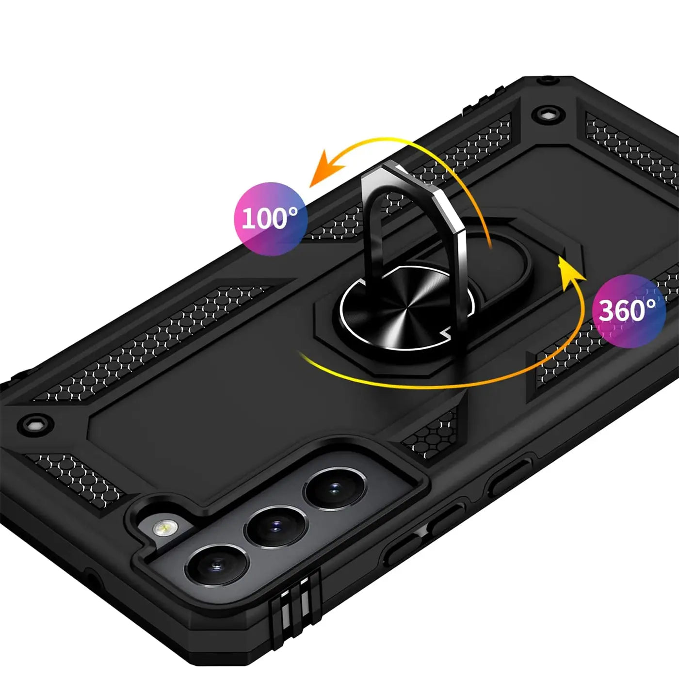 Schwarze Militärhülle aus Kunststoff mit Ringhalter für Samsung S22 Plus, von oben schräg.
