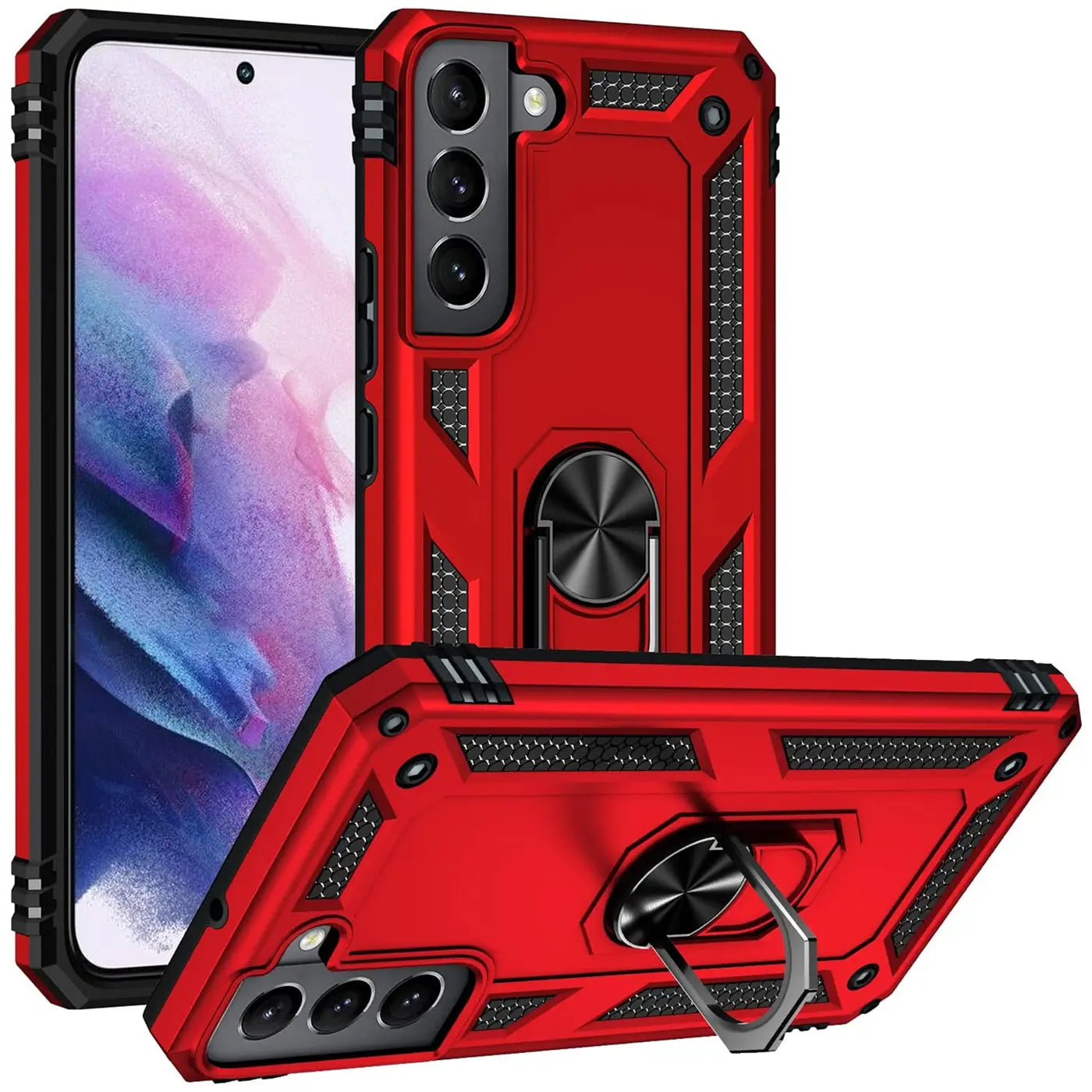 Rote Military Hülle mit Ringhalter für Samsung Galaxy S22, von vorne/schräg