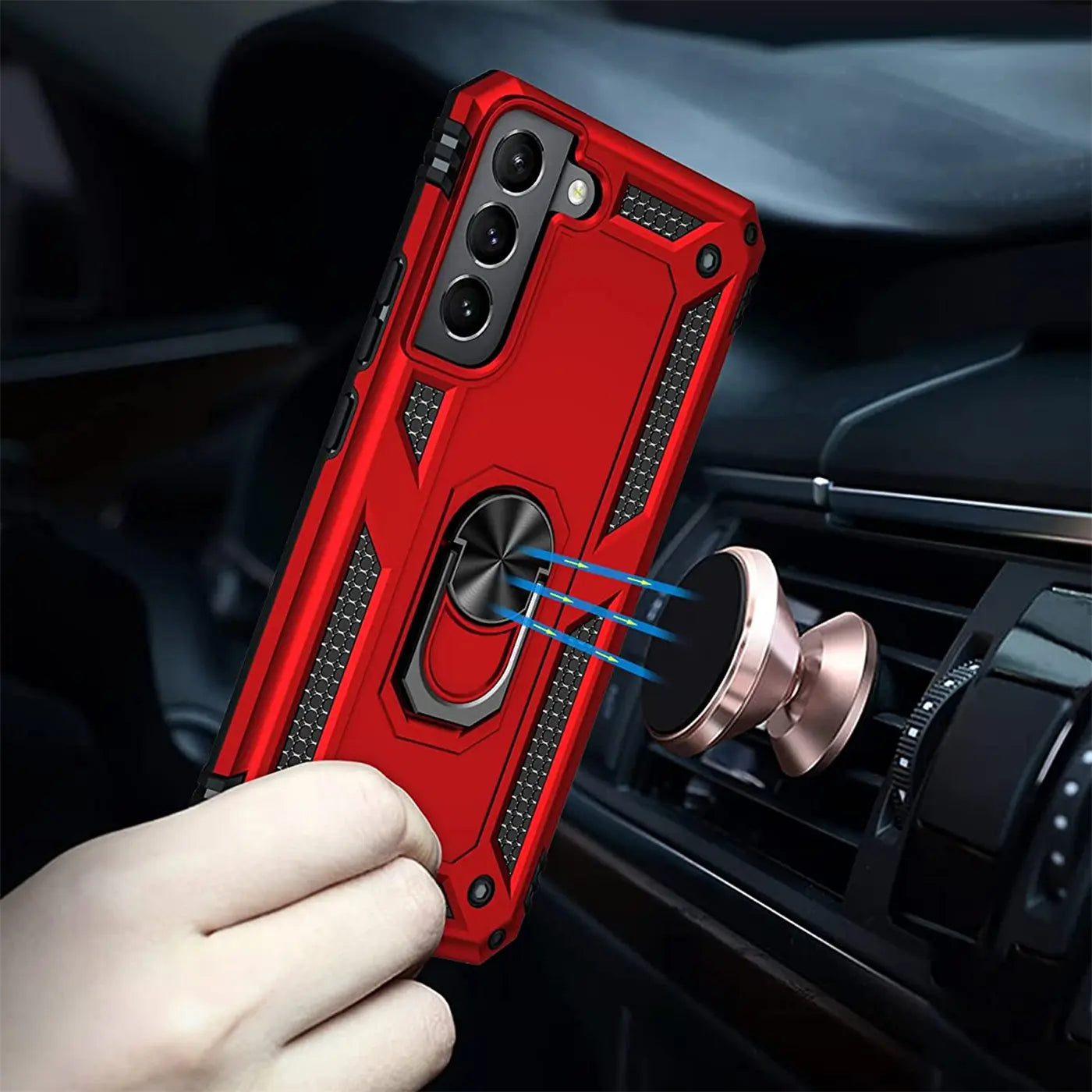 Rote Hülle mit Ringhalter für Samsung Galaxy S22, von vorne links, mit Magnet-Autohalterung.