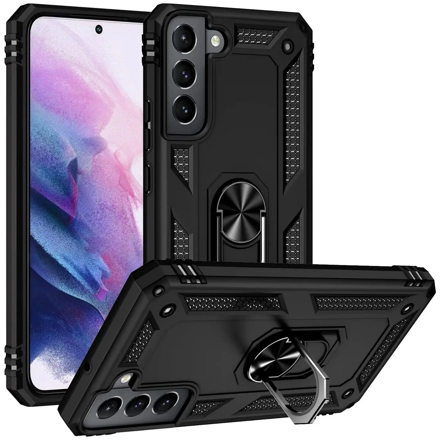 Schwarze Militärhülle aus Kunststoff mit Ringhalter für Samsung Galaxy S22, von vorne/seitlich