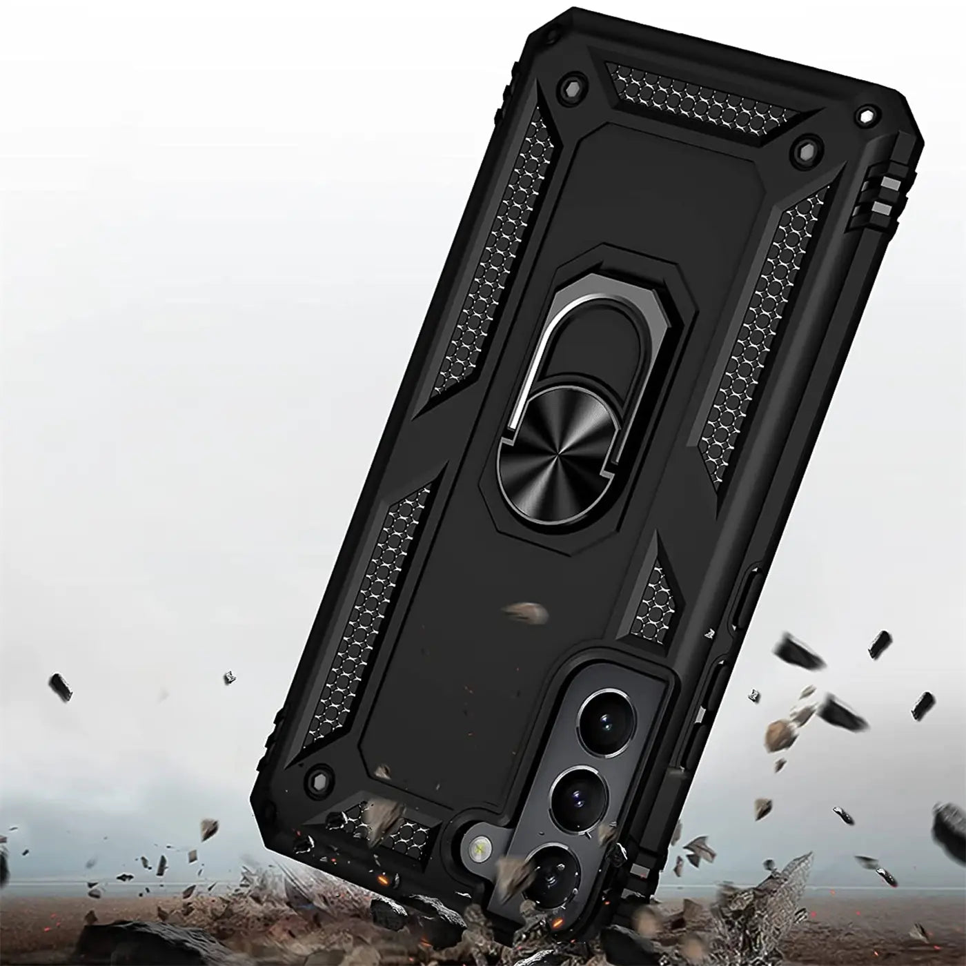 Schwarze Military-Hülle mit Ringhalter für Samsung Galaxy S22, von hinten, aus Kunststoff.