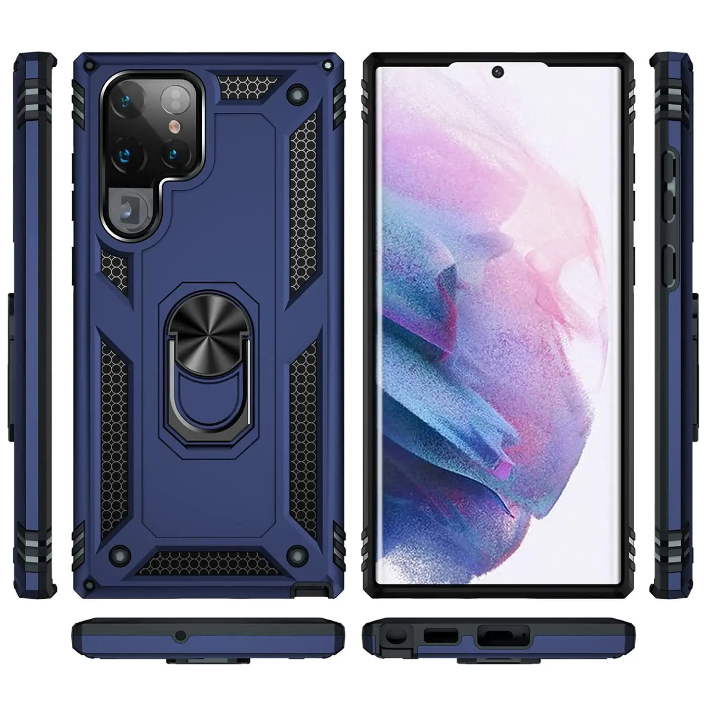 Blaue Hülle aus Kunststoff mit Ringhalter, zeigt Samsung Galaxy S22 Ultra von vorne und hinten.