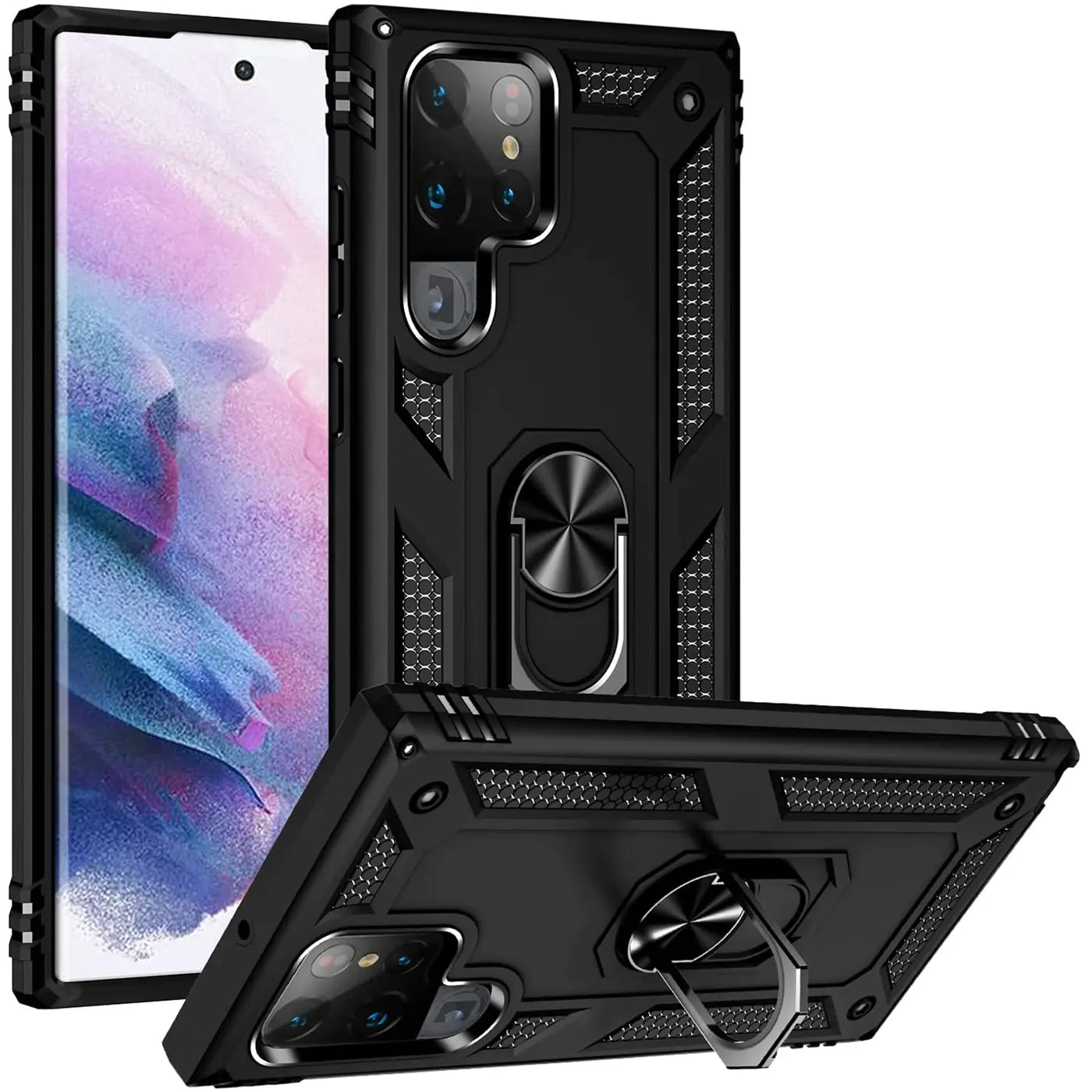 Schwarze Militärhülle mit Ringhalter für Samsung Galaxy S22 Ultra, aus Kunststoff, von vorne/seitlich