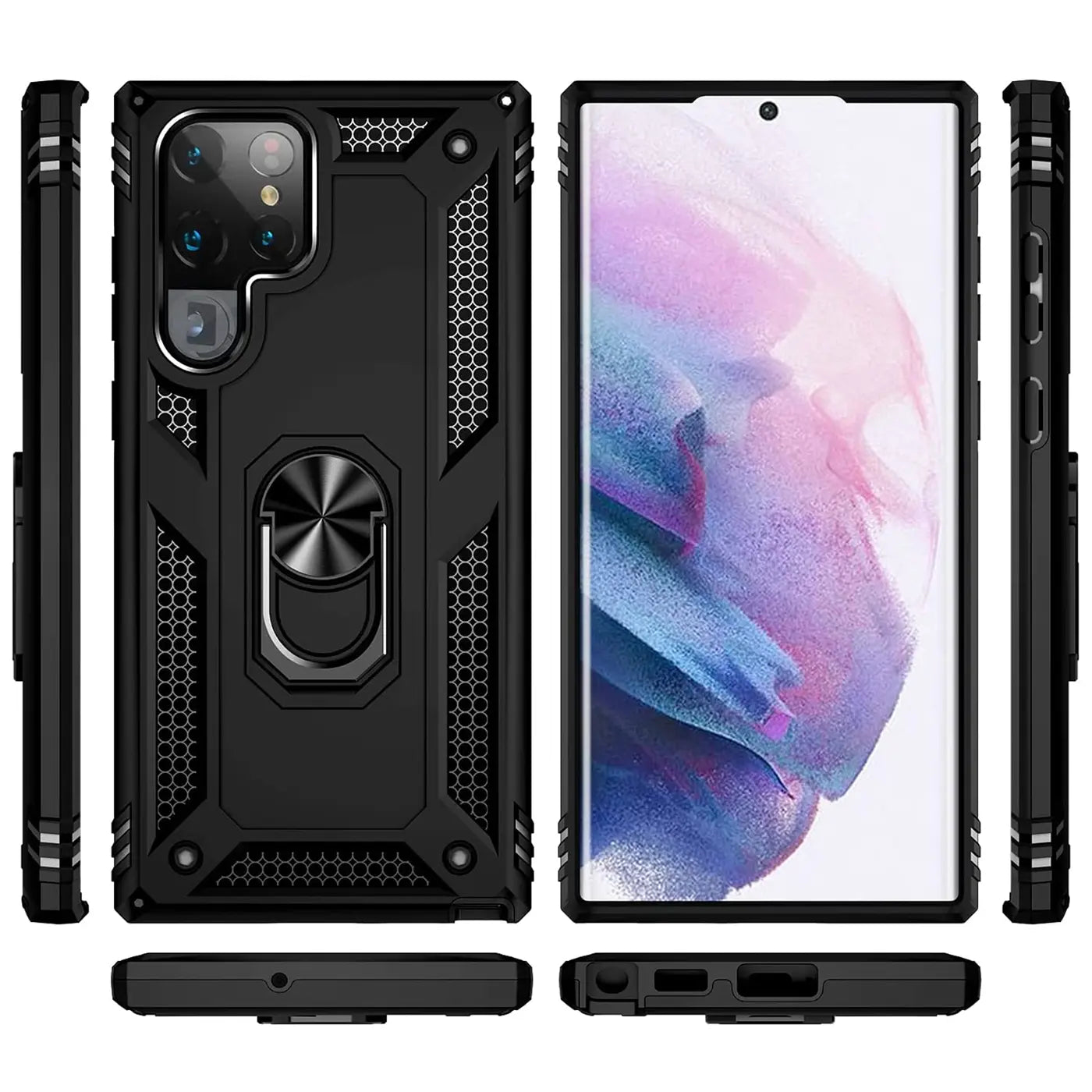 Schwarze Militärhülle aus Kunststoff mit Ringhalter für Samsung S22 Ultra, verschiedene Ansichten
