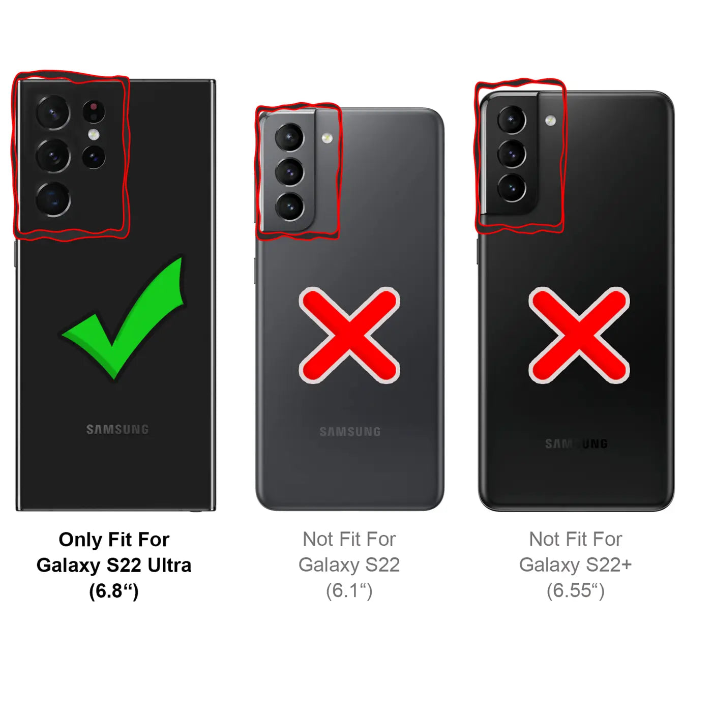 Drei Samsung-Smartphones, eines mit Haken, zwei mit Kreuzen. Schwarz.