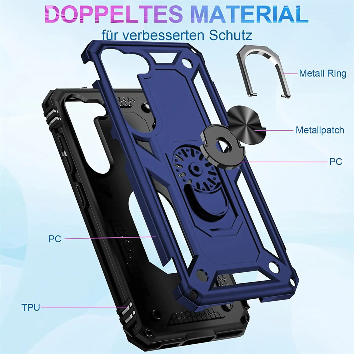 Blaue und schwarze Handyhülle aus PC und TPU mit Metallring und -patch, Samsung S23.