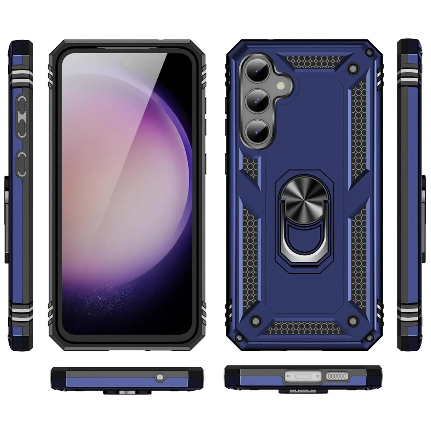 Blaue Hülle mit Ringhalter für Samsung S23 FE, verschiedene Ansichten.