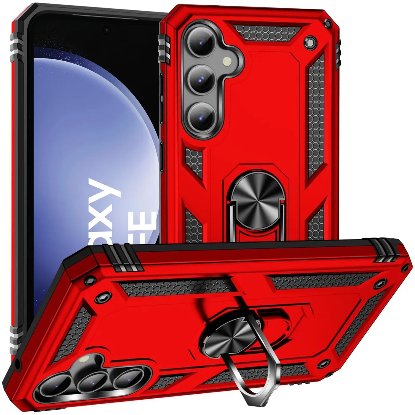 Rote Military Hülle mit Ringhalter für Samsung Galaxy S23 FE, aus Kunststoff, von vorne und hinten gezeigt.