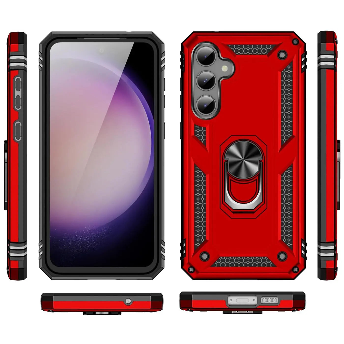 Rote Hülle mit Ringhalter für Samsung S23 FE, von vorne und hinten gezeigt.