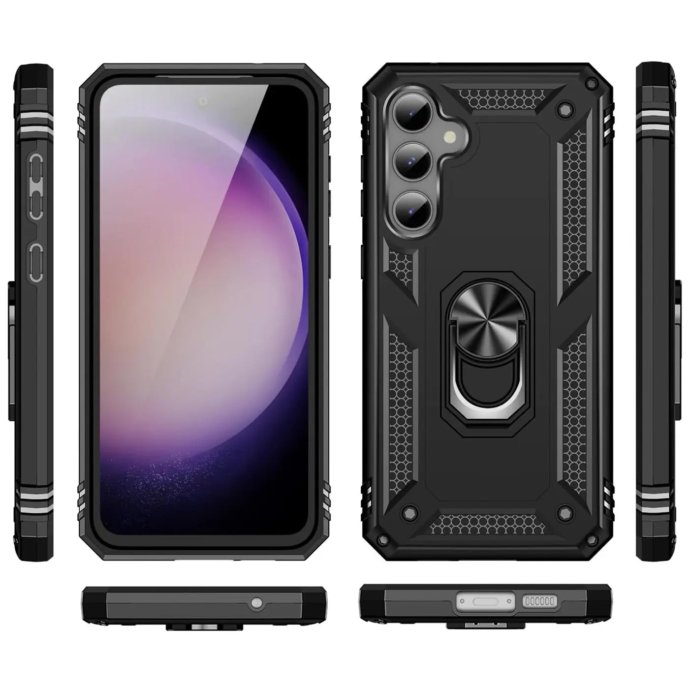Schwarze Hülle aus Kunststoff mit Ringhalter für Samsung Galaxy S23 FE, verschiedene Ansichten.