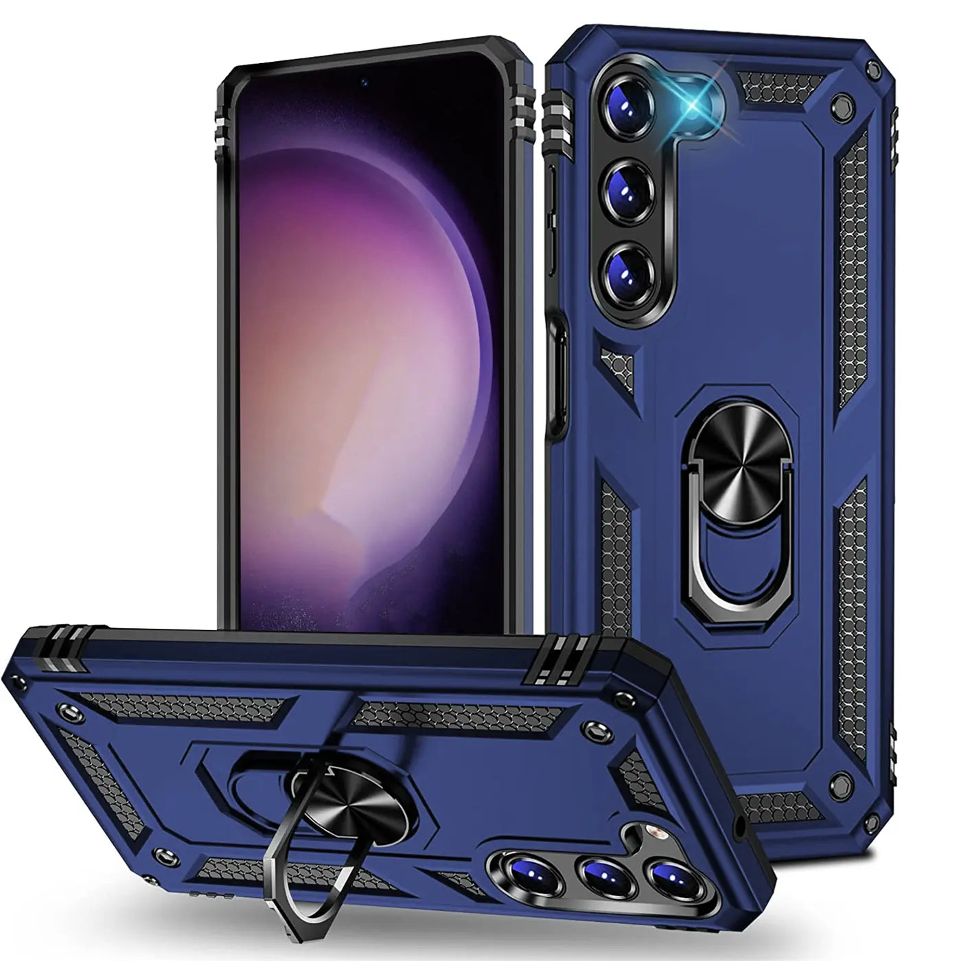 Blaue Hülle mit Ringhalter für Samsung S23 Plus, aus Kunststoff, von vorne und Seite