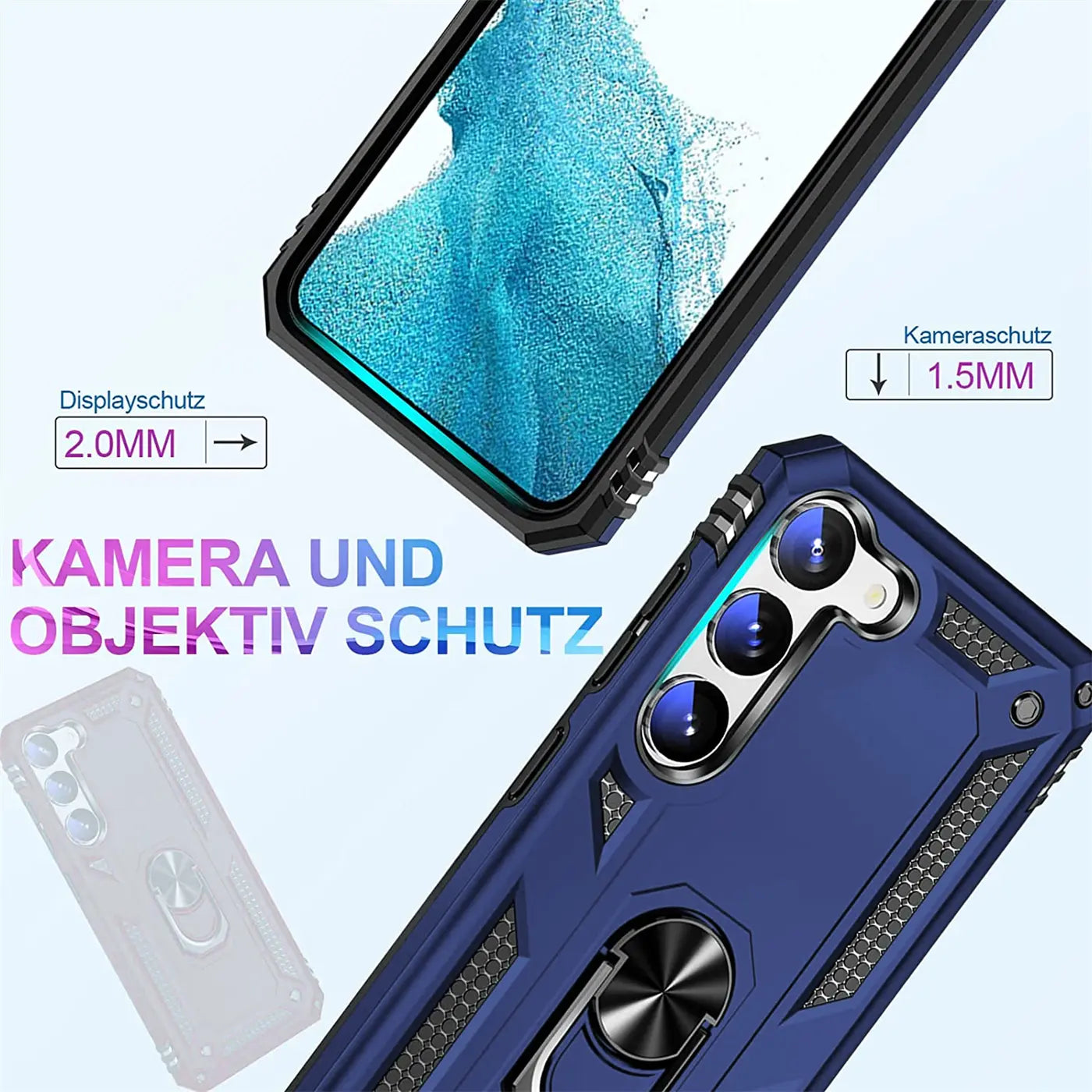 Dunkelblaue Handyhülle aus Kunststoff mit Ringhalter, Rückansicht. Samsung S23 Plus.
