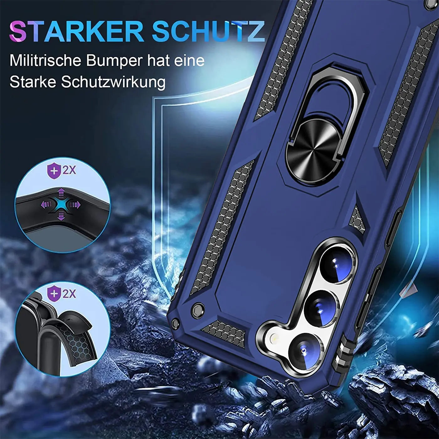 Dunkelblaue Handyhülle aus Kunststoff mit Ringhalter, Nahaufnahme, Samsung S23 Plus.