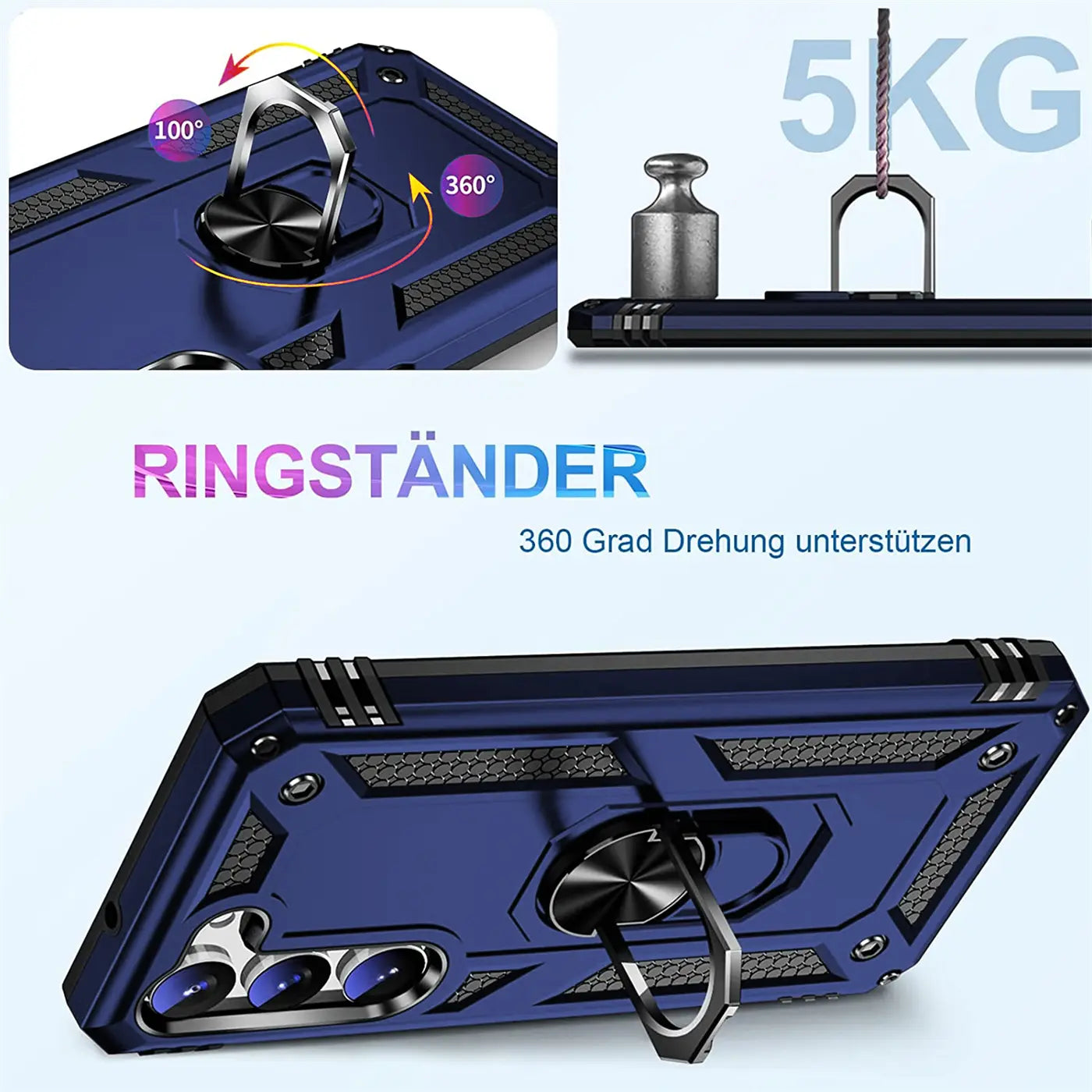 Dunkelblaue Handyhülle aus Kunststoff mit Ringhalter, Rückansicht.