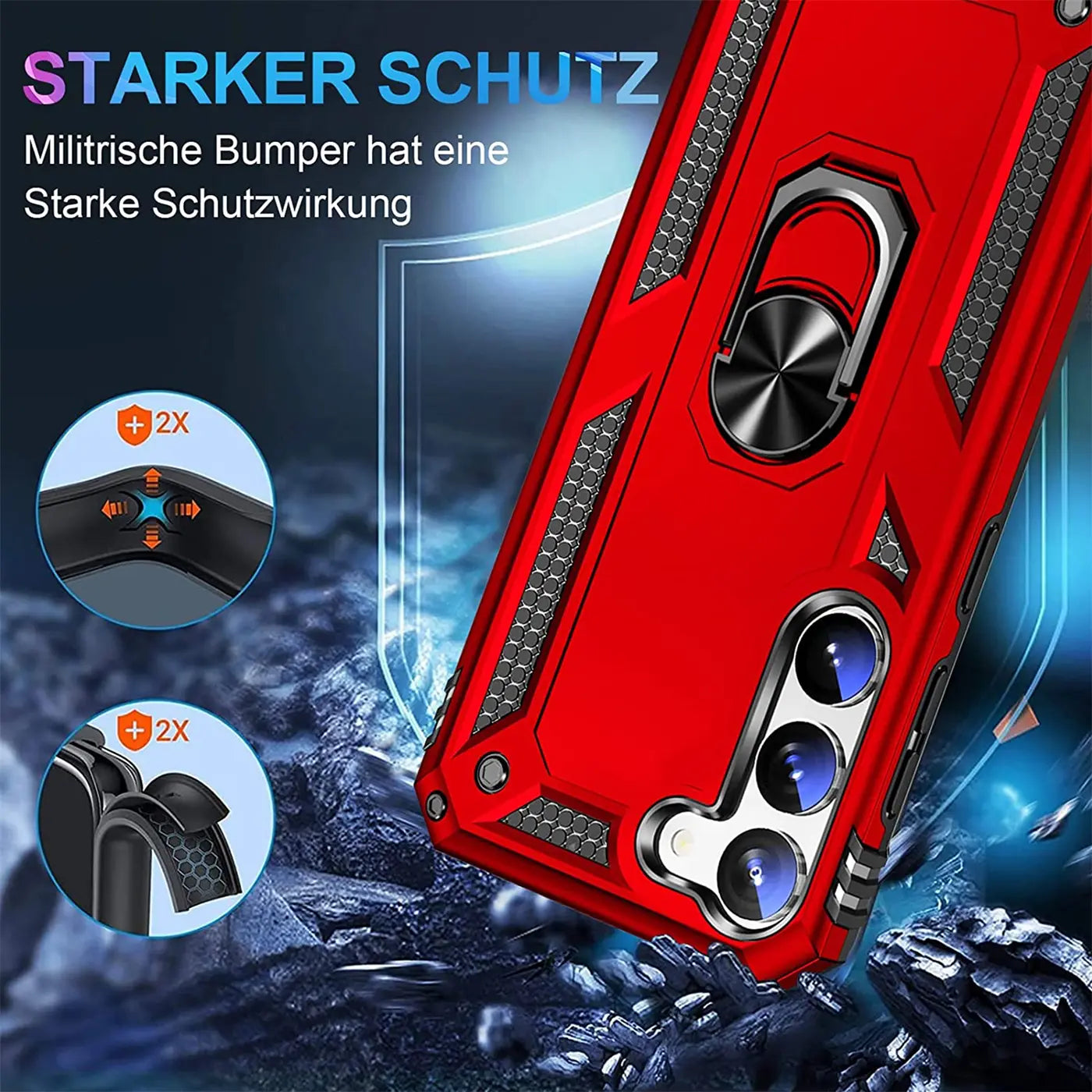 Rote militärische Handyhülle mit Ringhalter, Nahaufnahme, Samsung S23 Plus.