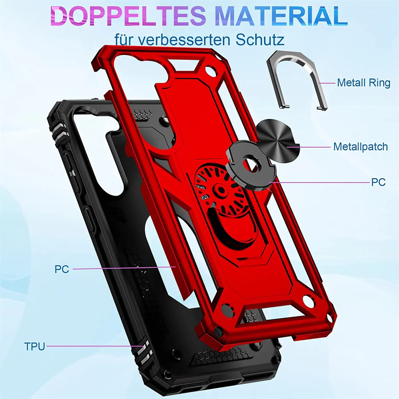 Rote und schwarze Handyhülle aus PC und TPU mit Metallring und -patch, von vorne.