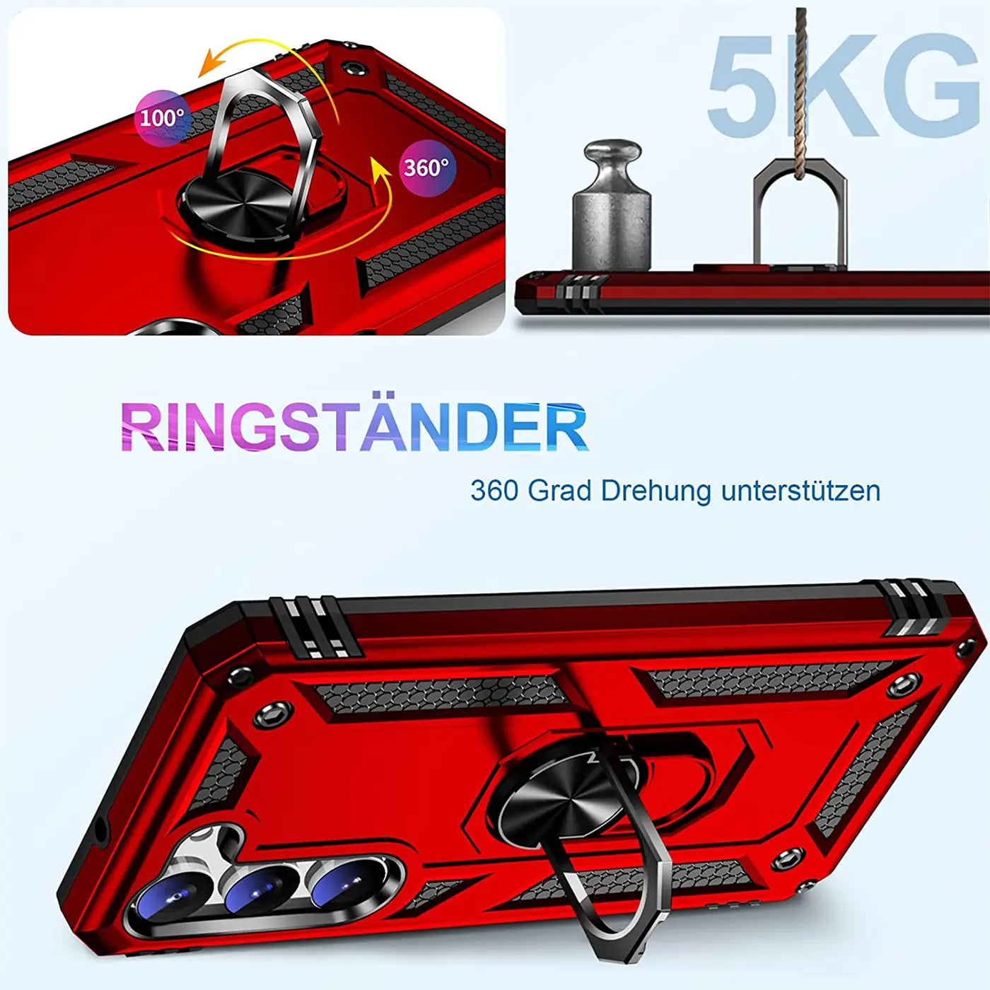 Rote Hülle mit Ringhalter für Samsung S23 Plus, aus Metall/Kunststoff, Rückansicht.