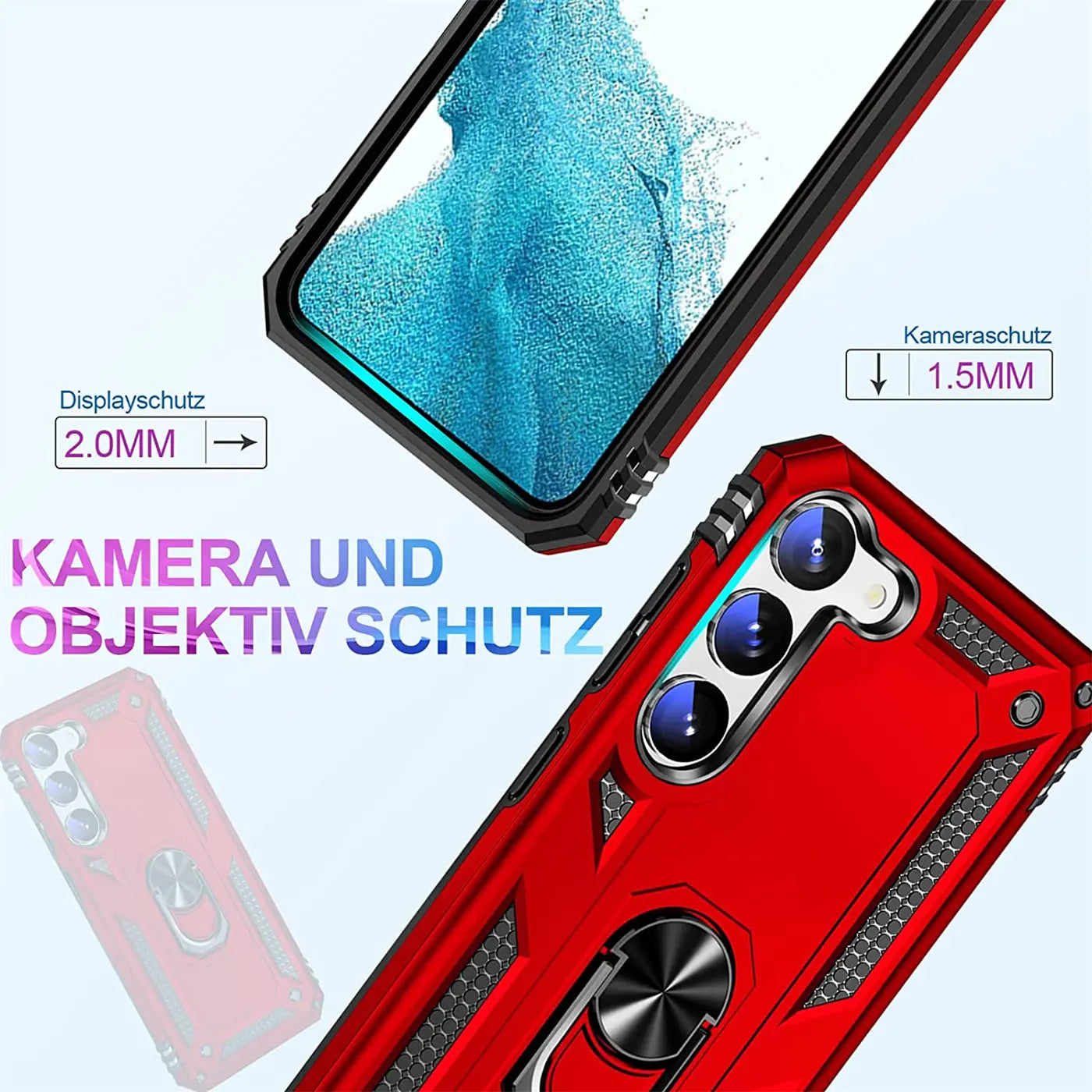 Rote Hülle mit Ringhalter für Samsung Galaxy S23, Rückansicht, Nahaufnahme.