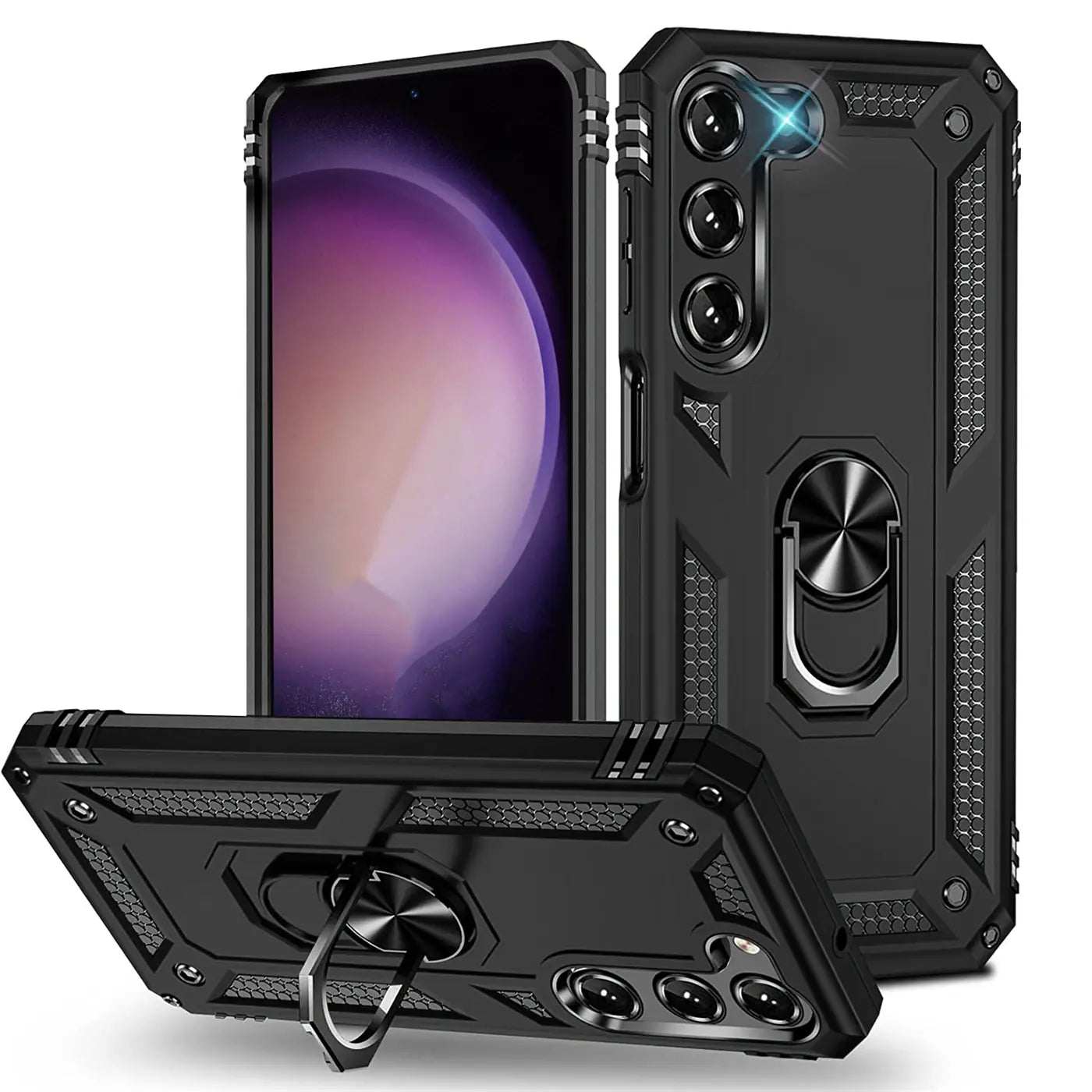 Schwarze Hülle aus Kunststoff mit Ringhalter für Samsung Galaxy S23, von vorne und Seite