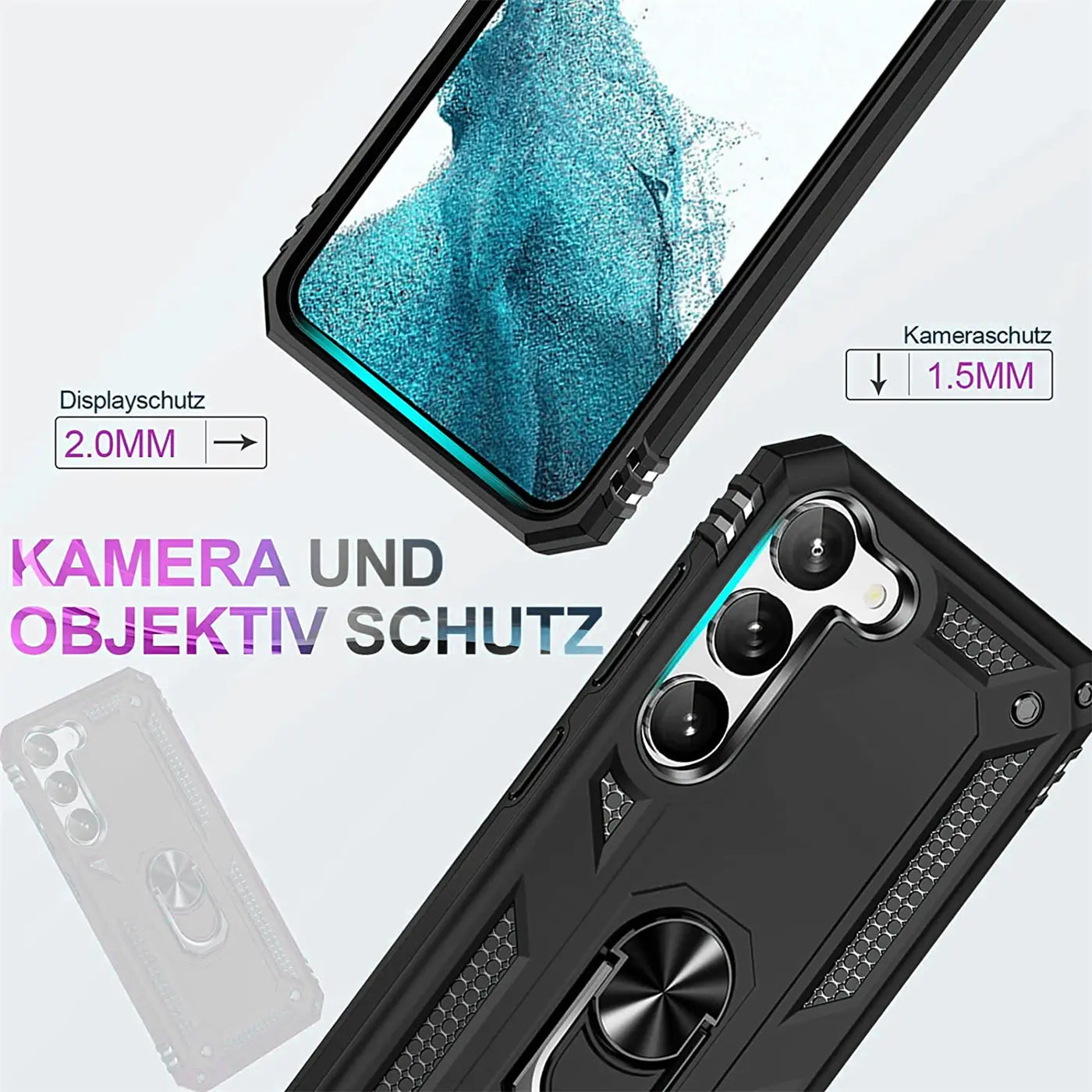Schwarze Militärhülle aus Kunststoff mit Ringhalter für Samsung S23, Rückansicht.